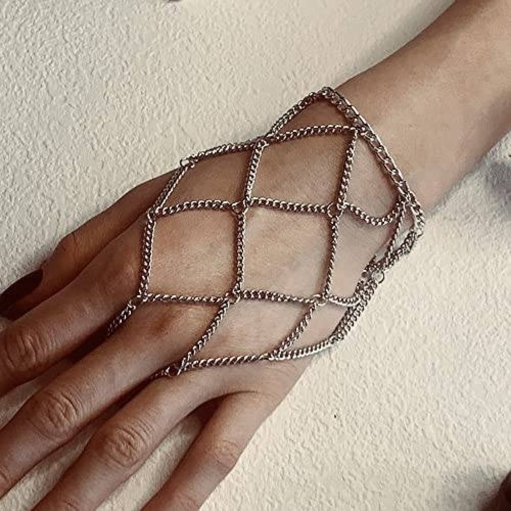Silver‎ Chain Link Hand Harness Bracelet Diamond Mesh Cage Finger Slave Bracelet